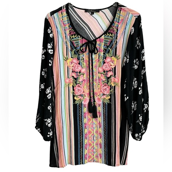 CALESSA EMBROIDERED FLORAL STRIPED SPLATTER DOT 3/4 SLEEVES TOP SZ L - Picture 5 of 6